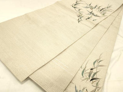 平和屋着物＊夏物　アンティーク　大正ロマン　丸帯　手刺繍　絽縮緬　飛鳥草葉文　金銀糸　正絹　逸品　DABC8226cm