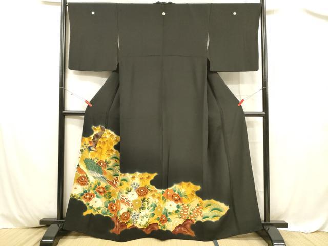 平和屋着物■豪華黒留袖 手描き 刺繍 孔雀草花文 暈し染め 金銀彩 正絹 逸品 DABC8266cm