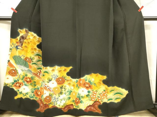 平和屋着物■豪華黒留袖 手描き 刺繍 孔雀草花文 暈し染め 金銀彩 正絹 逸品 DABC8266cm