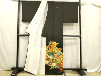 平和屋着物■豪華黒留袖 手描き 刺繍 孔雀草花文 暈し染め 金銀彩 正絹 逸品 DABC8266cm