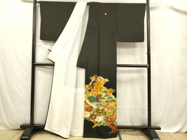 平和屋着物■豪華黒留袖 手描き 刺繍 孔雀草花文 暈し染め 金銀彩 正絹 逸品 DABC8266cm