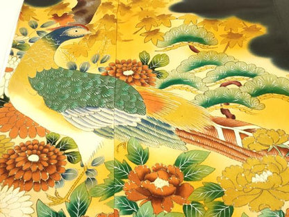平和屋着物■豪華黒留袖 手描き 刺繍 孔雀草花文 暈し染め 金銀彩 正絹 逸品 DABC8266cm