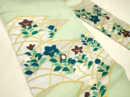 平和屋着物＊夏物 九寸名古屋帯 唐織 草花文 金銀糸 正絹 逸品 DABC8273cm