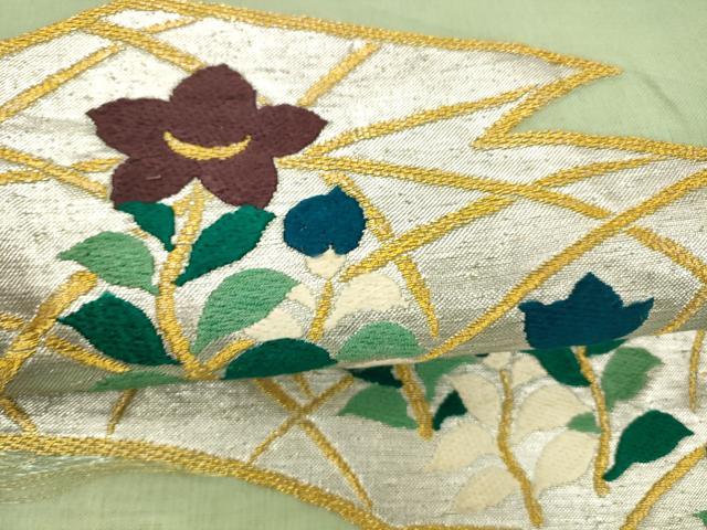 平和屋着物＊夏物 九寸名古屋帯 唐織 草花文 金銀糸 正絹 逸品 DABC8273cm