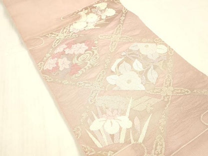 平和屋着物＊夏物 太鼓柄 本袋帯 唐織 流水草花文 金糸 正絹 逸品 DABC8282cm