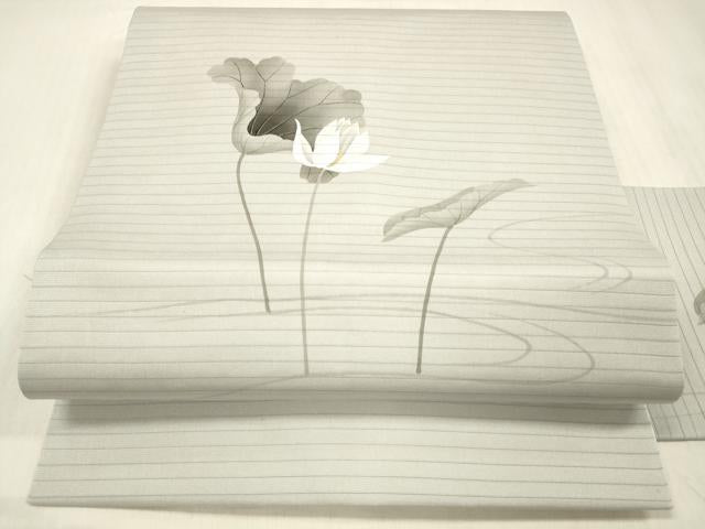平和屋着物＊夏物 絽塩瀬 九寸名古屋帯 手描き 草花文 金彩 正絹 逸品 DABC8285cm