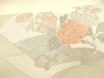 平和屋着物＊夏物 九寸名古屋帯 唐織 地紙草花文 金銀糸 正絹 逸品 DABC8286cm