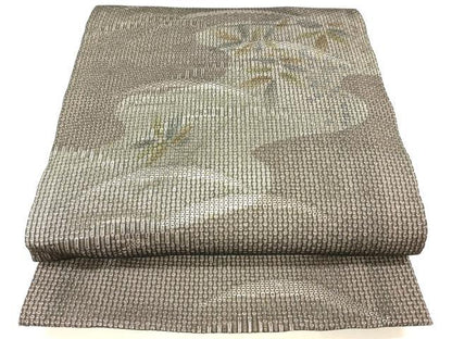 平和屋着物＊夏物 太鼓柄袋帯 草葉文 黒地 銀糸 正絹 逸品 DABC8303cm