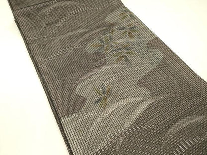 平和屋着物＊夏物 太鼓柄袋帯 草葉文 黒地 銀糸 正絹 逸品 DABC8303cm