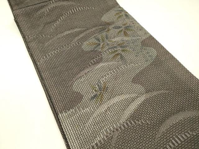 平和屋着物＊夏物 太鼓柄袋帯 草葉文 黒地 銀糸 正絹 逸品 DABC8303cm