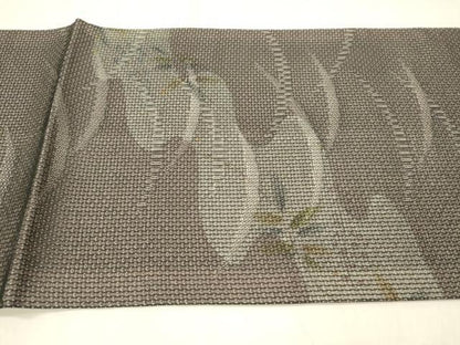 平和屋着物＊夏物 太鼓柄袋帯 草葉文 黒地 銀糸 正絹 逸品 DABC8303cm