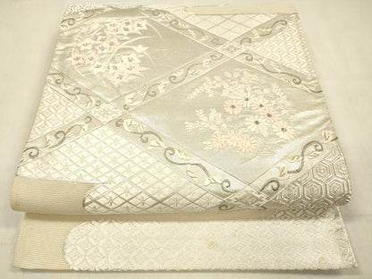 平和屋着物＊夏物 太鼓柄袋帯 唐織 駒刺繍 草花文 銀糸 正絹 逸品 DABC8309cm