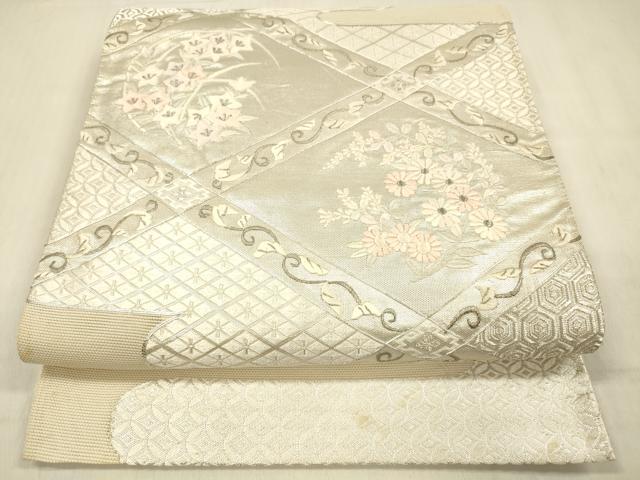 平和屋着物＊夏物 太鼓柄袋帯 唐織 駒刺繍 草花文 銀糸 正絹 逸品 DABC8309cm