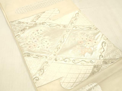 平和屋着物＊夏物 太鼓柄袋帯 唐織 駒刺繍 草花文 銀糸 正絹 逸品 DABC8309cm
