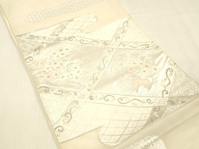 平和屋着物＊夏物 太鼓柄袋帯 唐織 駒刺繍 草花文 銀糸 正絹 逸品 DABC8309cm