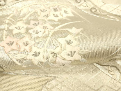 平和屋着物＊夏物 太鼓柄袋帯 唐織 駒刺繍 草花文 銀糸 正絹 逸品 DABC8309cm