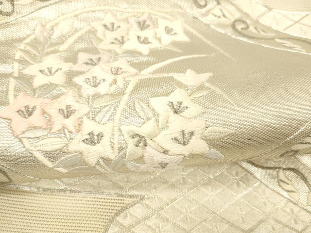 平和屋着物＊夏物 太鼓柄袋帯 唐織 駒刺繍 草花文 銀糸 正絹 逸品 DABC8309cm