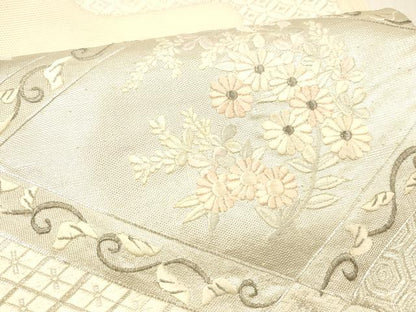 平和屋着物＊夏物 太鼓柄袋帯 唐織 駒刺繍 草花文 銀糸 正絹 逸品 DABC8309cm