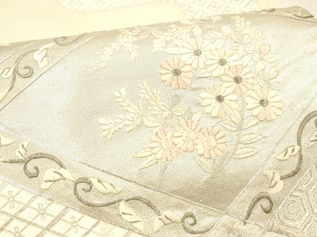 平和屋着物＊夏物 太鼓柄袋帯 唐織 駒刺繍 草花文 銀糸 正絹 逸品 DABC8309cm