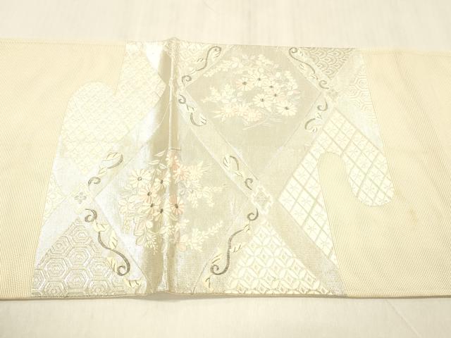 平和屋着物＊夏物 太鼓柄袋帯 唐織 駒刺繍 草花文 銀糸 正絹 逸品 DABC8309cm