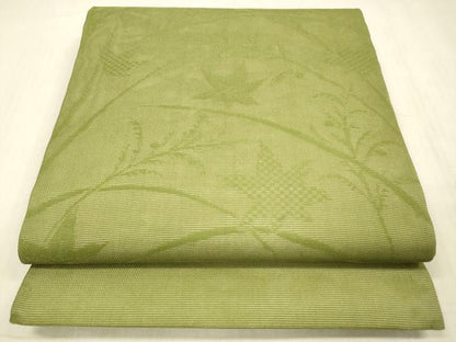 平和屋着物＊夏物 九寸開き名古屋帯 草葉文 青丹色 正絹 逸品 DABC8312cm