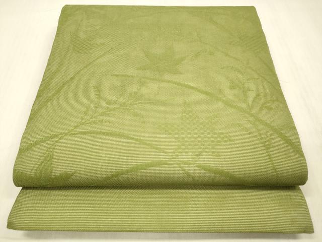 平和屋着物＊夏物 九寸開き名古屋帯 草葉文 青丹色 正絹 逸品 DABC8312cm
