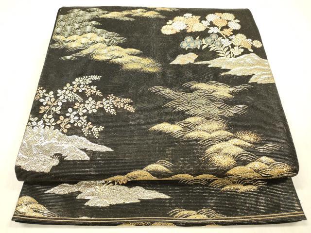 平和屋着物＊夏物 六通柄袋帯 蒔絵秋草紋 黒地 金銀糸 引箔 正絹 逸品 DABC8319cm