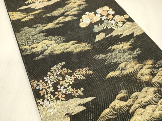 平和屋着物＊夏物 六通柄袋帯 蒔絵秋草紋 黒地 金銀糸 引箔 正絹 逸品 DABC8319cm