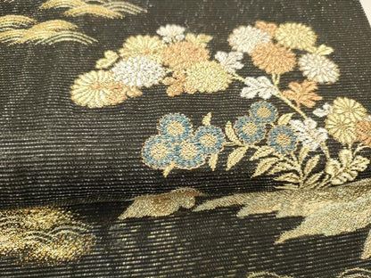 平和屋着物＊夏物 六通柄袋帯 蒔絵秋草紋 黒地 金銀糸 引箔 正絹 逸品 DABC8319cm