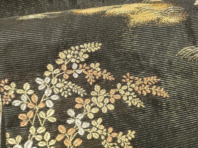 平和屋着物＊夏物 六通柄袋帯 蒔絵秋草紋 黒地 金銀糸 引箔 正絹 逸品 DABC8319cm