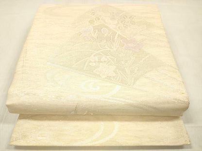 平和屋着物＊夏物 六通柄袋帯 流水扇面花文 銀糸 正絹 逸品 DABC8326cm