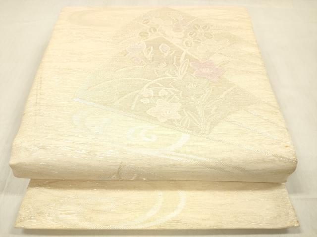 平和屋着物＊夏物 六通柄袋帯 流水扇面花文 銀糸 正絹 逸品 DABC8326cm