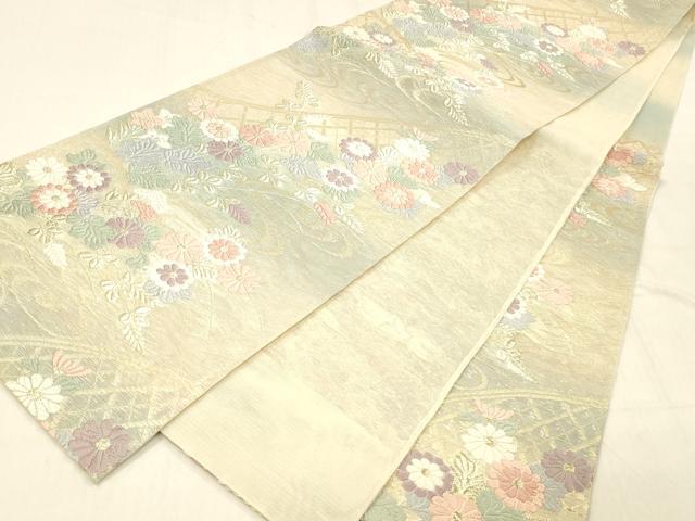 平和屋着物＊夏物 六通柄袋帯 唐織 流水草花文 金糸 正絹 逸品 DABC8328cm