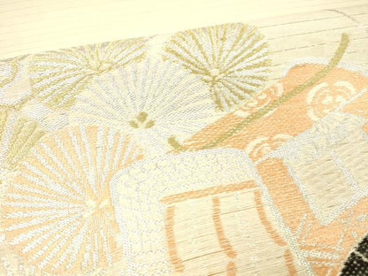 平和屋着物＊夏物 アンティーク 大正ロマン 丸帯 御所車花文 金銀糸 正絹 逸品 DABC8329cm