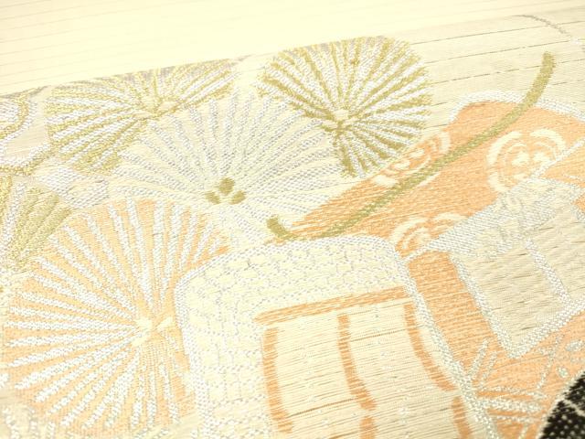 平和屋着物＊夏物 アンティーク 大正ロマン 丸帯 御所車花文 金銀糸 正絹 逸品 DABC8329cm