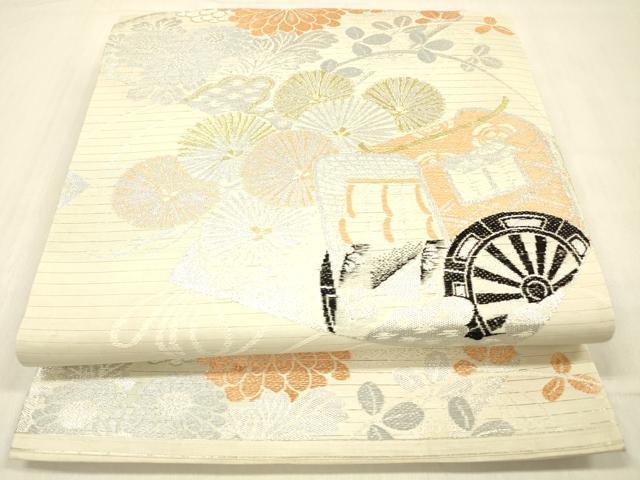 平和屋着物＊夏物 アンティーク 大正ロマン 丸帯 御所車花文 金銀糸 正絹 逸品 DABC8329cm