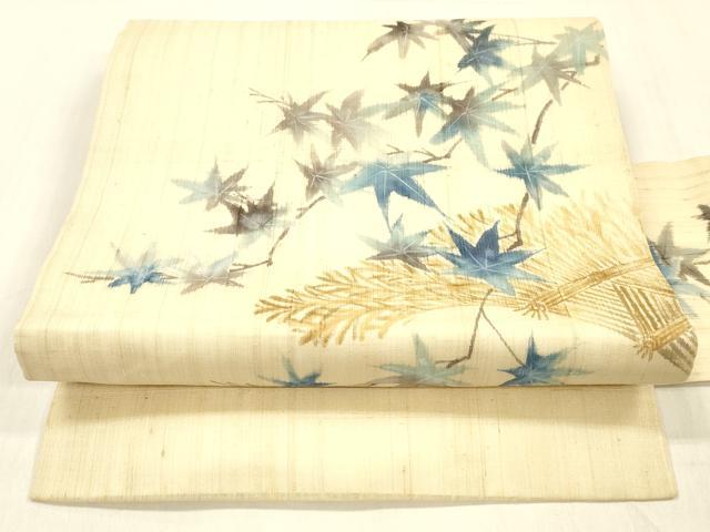平和屋着物＊夏物 九寸名古屋帯 手描き 草葉文 麻 逸品 DABC8330cm