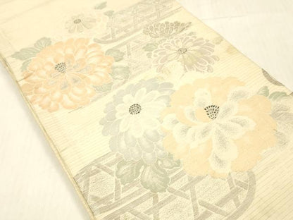 平和屋着物＊夏物 アンティーク 大正ロマン 丸帯 草花文 銀糸 正絹 逸品 DABC8336cm