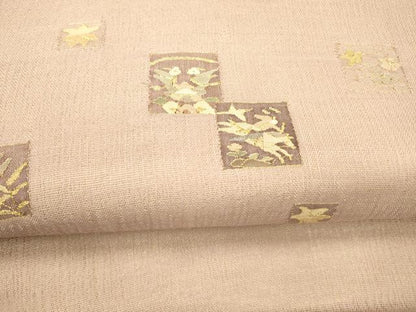 平和屋着物▼明綴れ 九寸名古屋帯 狩猟草花文 金糸 正絹 逸品 DABC8338cm