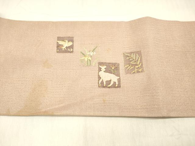 平和屋着物▼明綴れ 九寸名古屋帯 狩猟草花文 金糸 正絹 逸品 DABC8338cm