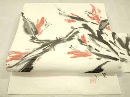 平和屋着物＊夏物 九寸名古屋帯 絽縮緬 作家物 手描き 草花文 正絹 逸品 DABC8344cm