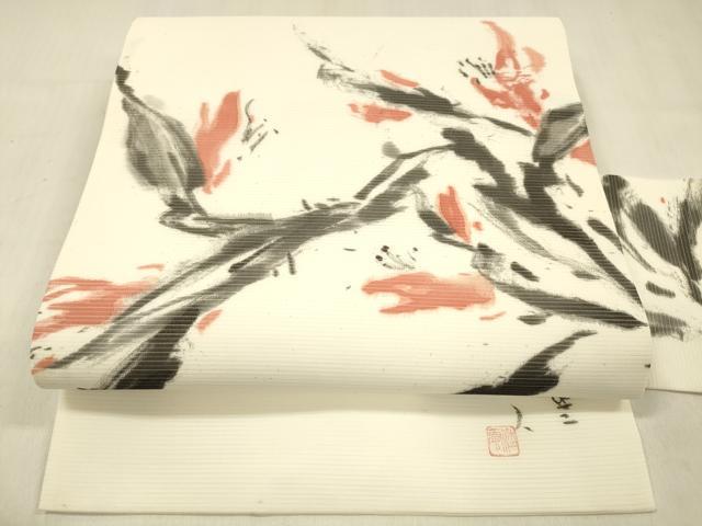 平和屋着物＊夏物 九寸名古屋帯 絽縮緬 作家物 手描き 草花文 正絹 逸品 DABC8344cm
