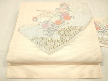 平和屋着物＊夏物 九寸名古屋帯 絵巻草花文 銀糸 正絹 逸品 DABC8346cm