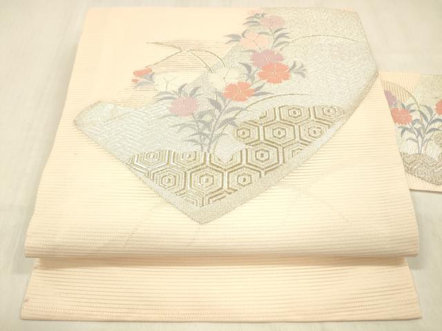 平和屋着物＊夏物 九寸名古屋帯 絵巻草花文 銀糸 正絹 逸品 DABC8346cm