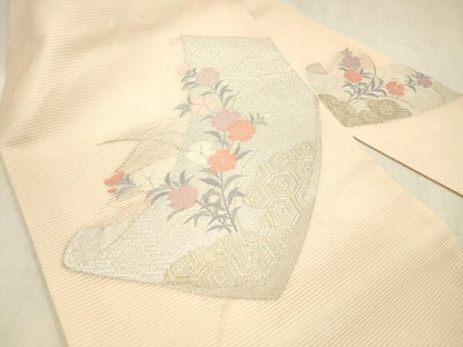 平和屋着物＊夏物 九寸名古屋帯 絵巻草花文 銀糸 正絹 逸品 DABC8346cm