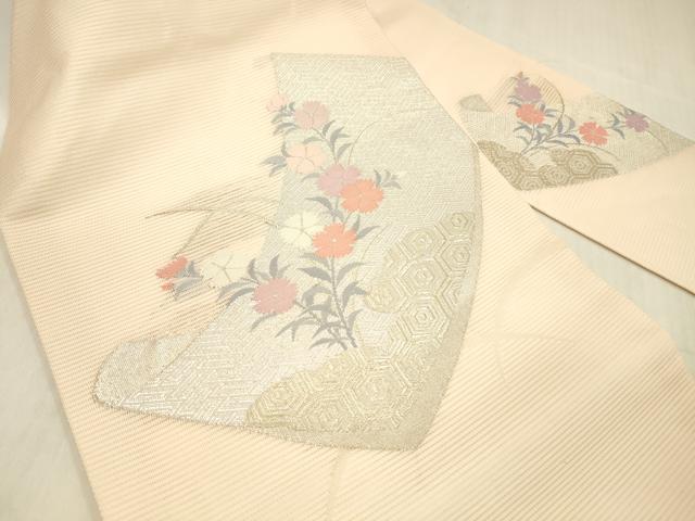 平和屋着物＊夏物 九寸名古屋帯 絵巻草花文 銀糸 正絹 逸品 DABC8346cm