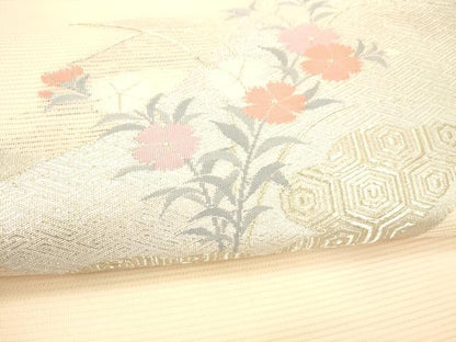 平和屋着物＊夏物 九寸名古屋帯 絵巻草花文 銀糸 正絹 逸品 DABC8346cm