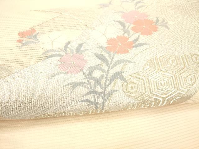 平和屋着物＊夏物 九寸名古屋帯 絵巻草花文 銀糸 正絹 逸品 DABC8346cm