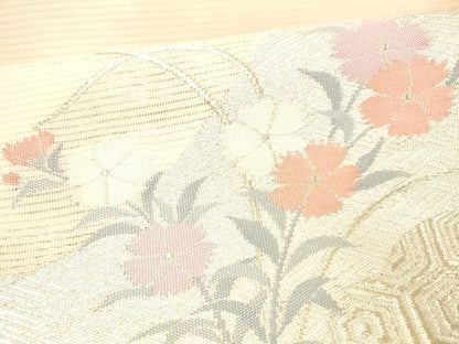 平和屋着物＊夏物 九寸名古屋帯 絵巻草花文 銀糸 正絹 逸品 DABC8346cm