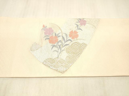 平和屋着物＊夏物 九寸名古屋帯 絵巻草花文 銀糸 正絹 逸品 DABC8346cm